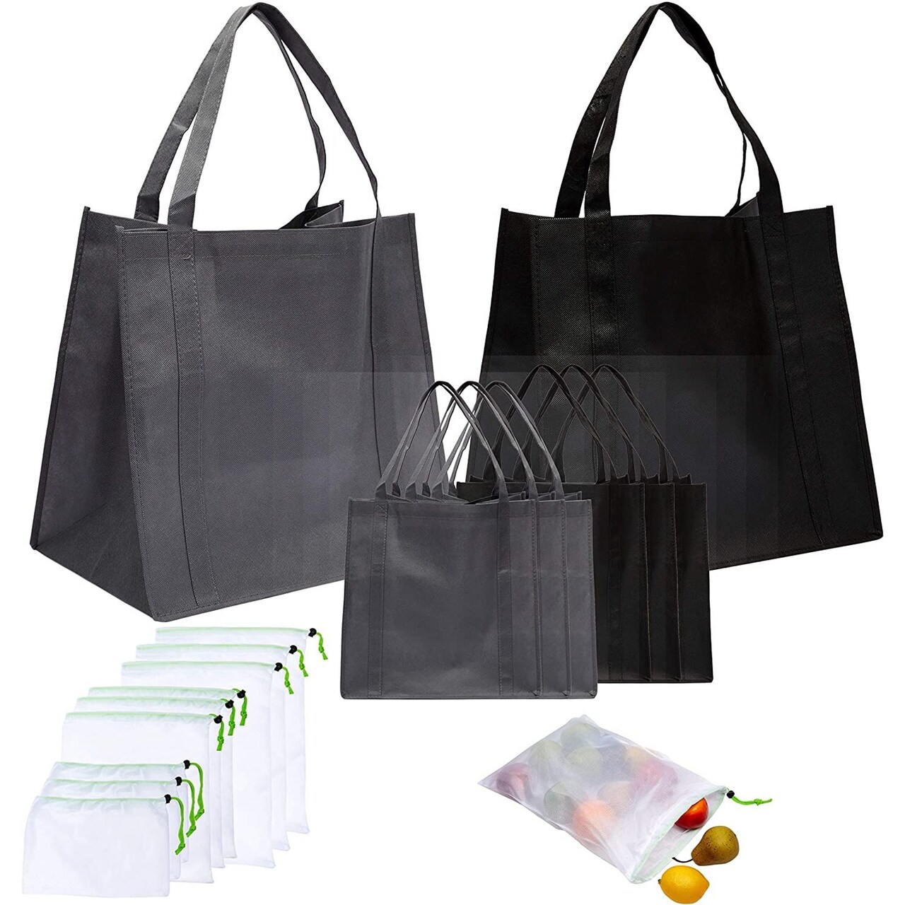 Non-Woven Tote Grocery Bags and Mesh Produce Shopping Bags (5 Sizes, 15 Pieces)